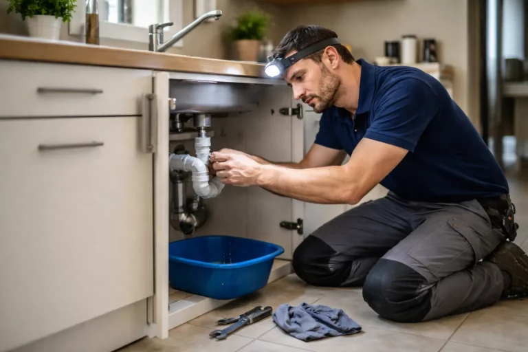 Le Plombier Cugnaux répare une fuite sous évier dans une cuisine de maison à Cugnaux avec des outils professionnels.
