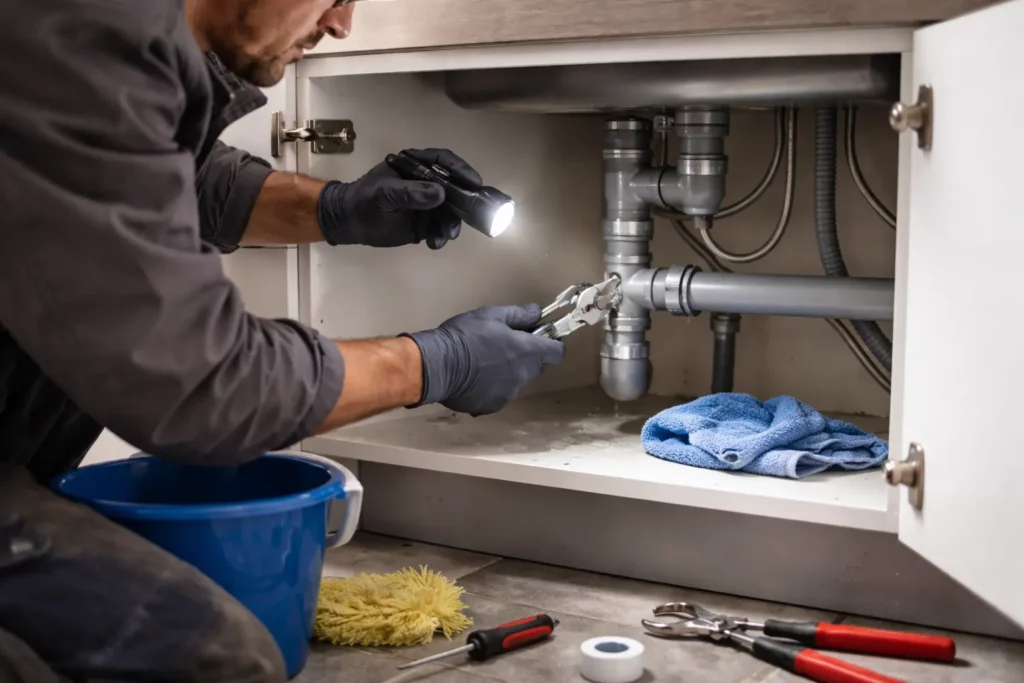 Le Plombier Deyme réalise une recherche de fuite sous un évier de cuisine en testant un raccord et en essuyant une zone humide après contrôle.
