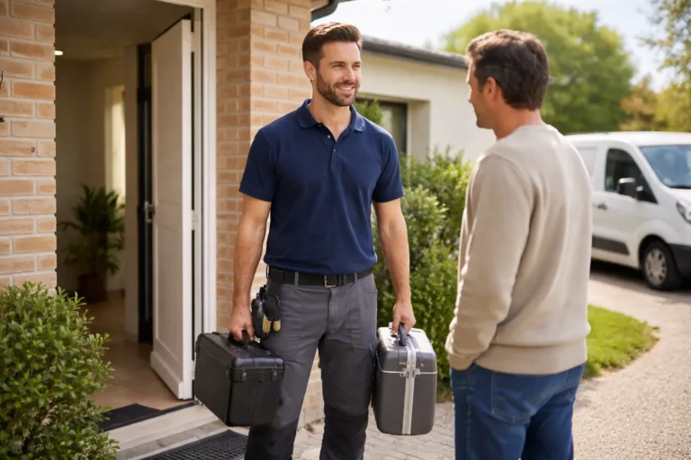 Le Plombier Frouzins échange avec un client dans l’entrée d’une maison et prépare son matériel pour un dépannage de fuite.