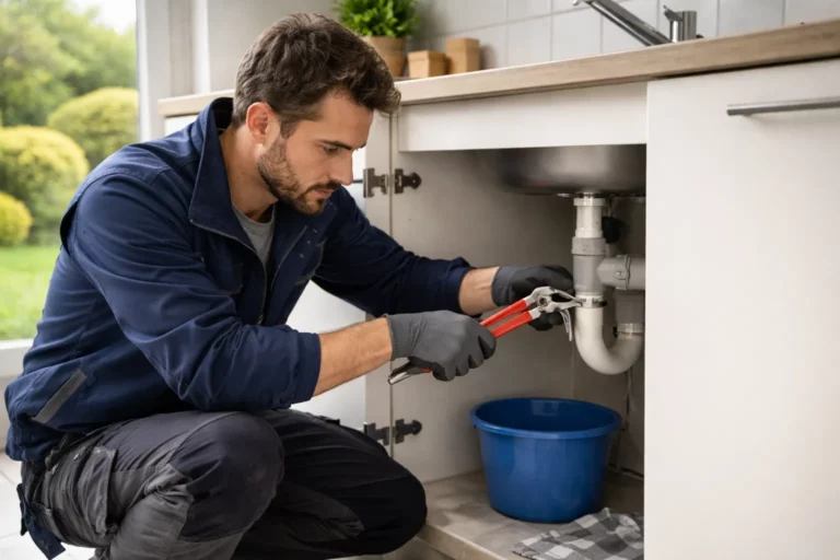 Un Plombier Labastide-Beauvoir répare une fuite sous un évier dans une cuisine de maison, avec outils et serpillière au sol.