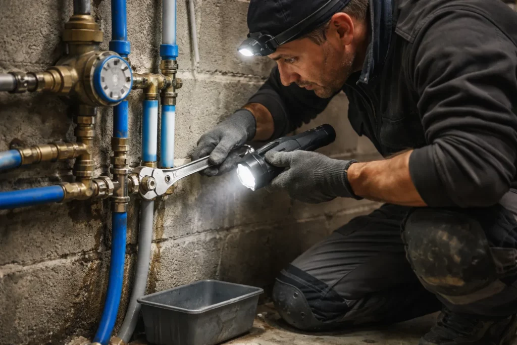 Un Plombier Labastide-Beauvoir contrôle une fuite sur un tuyau avec une lampe frontale et resserre un raccord près d’un compteur d’eau.