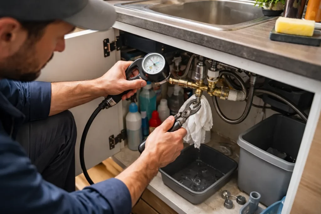Un Plombier Labège effectue une recherche de fuite sous évier avec un manomètre de test de pression et vérifie un raccord avant remise en service.