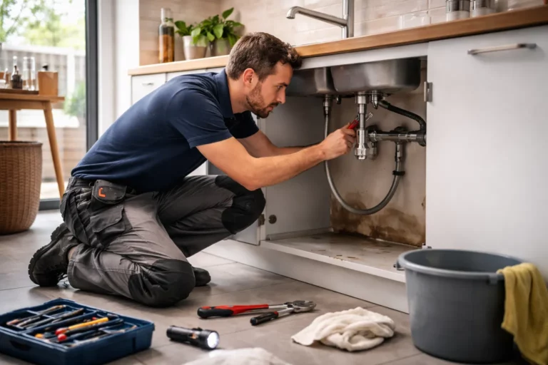 Plombier Lacroix-Falgarde inspectant une installation sous évier dans une maison à Lacroix-Falgarde.