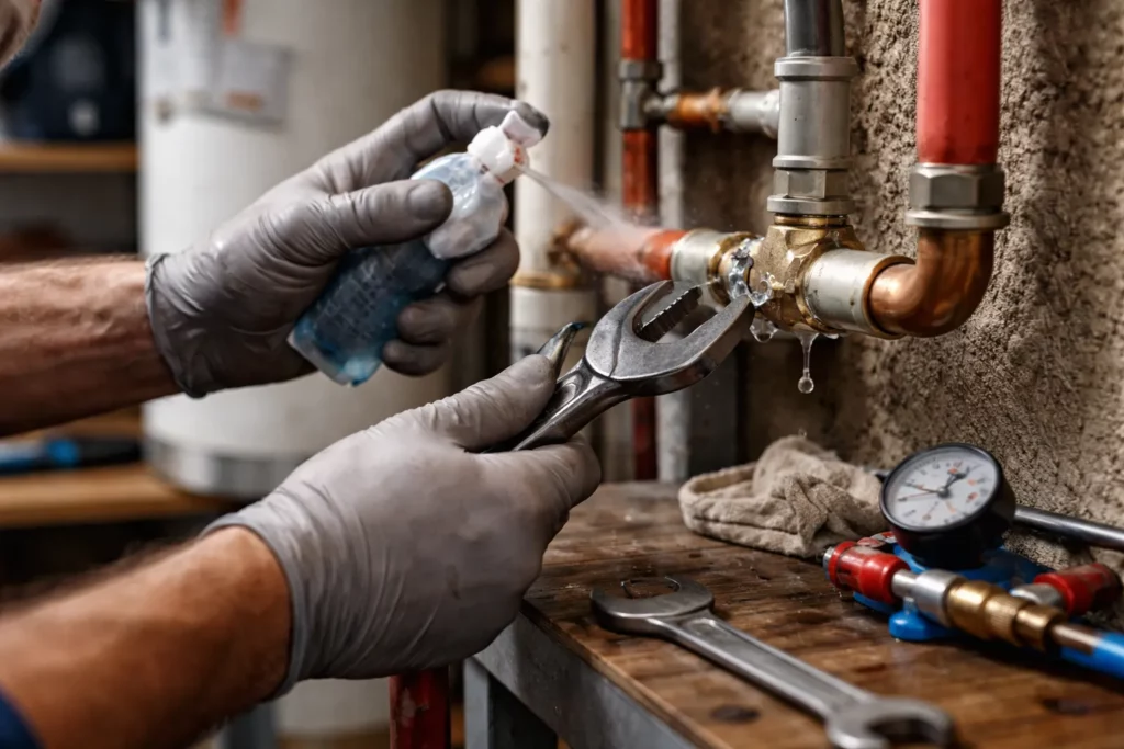 Plombier Lacroix-Falgarde effectuant une recherche de fuite sur une canalisation avec contrôle et réparation propre.