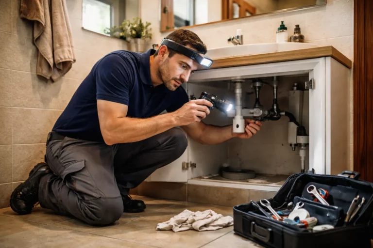 Un Plombier Pechbusque intervient dans une salle de bain de maison, en tenue de travail, contrôlant un raccord sous lavabo avec une lampe.