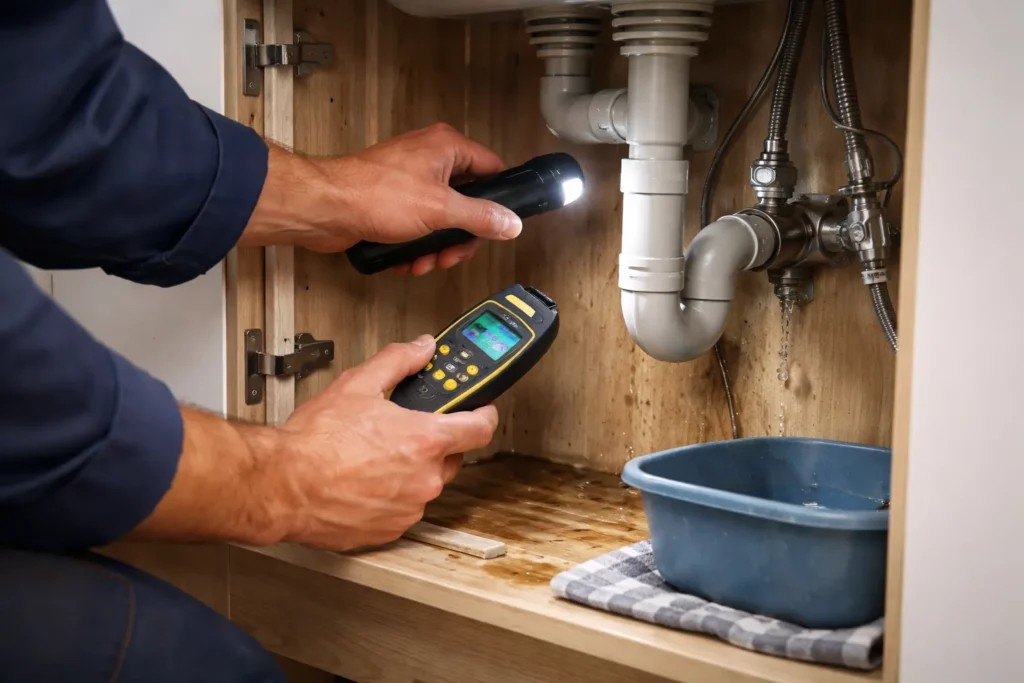 Un Plombier Pechbusque réalise une recherche de fuite sur une canalisation sous évier avec un humidimètre, en éclairant la zone à la lampe.