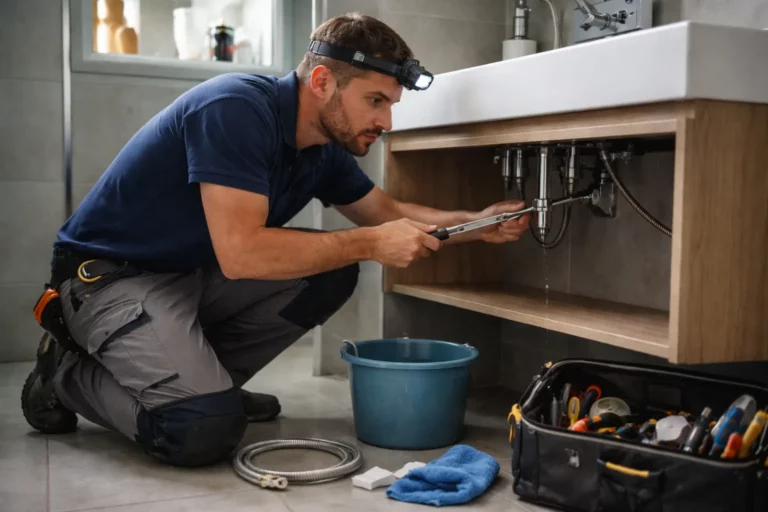 Un Plombier Plaisance-du-Touch intervient dans une salle de bain de maison individuelle et vérifie une fuite sous un lavabo avec ses outils.