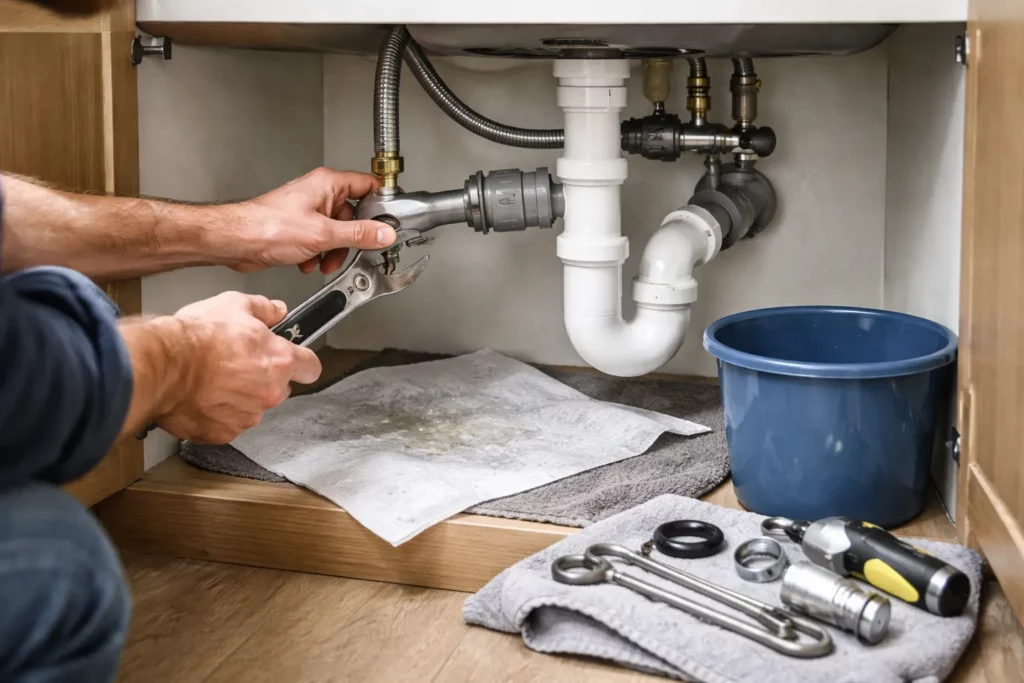 Un Plombier Plaisance-du-Touch réalise une recherche de fuite sous un évier de cuisine et remplace un joint avant de contrôler l’étanchéité.