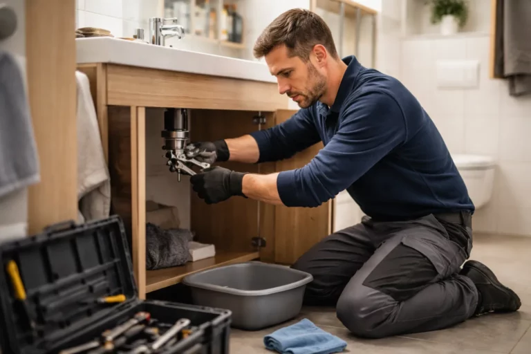 Un Plombier Tournefeuille intervient dans une salle de bain d’une maison à Tournefeuille pour réparer une fuite sous un lavabo.