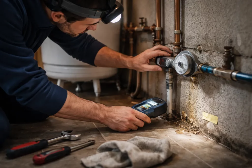 Un Plombier Tournefeuille réalise une recherche de fuite en contrôlant un compteur d’eau et une canalisation dans un garage.