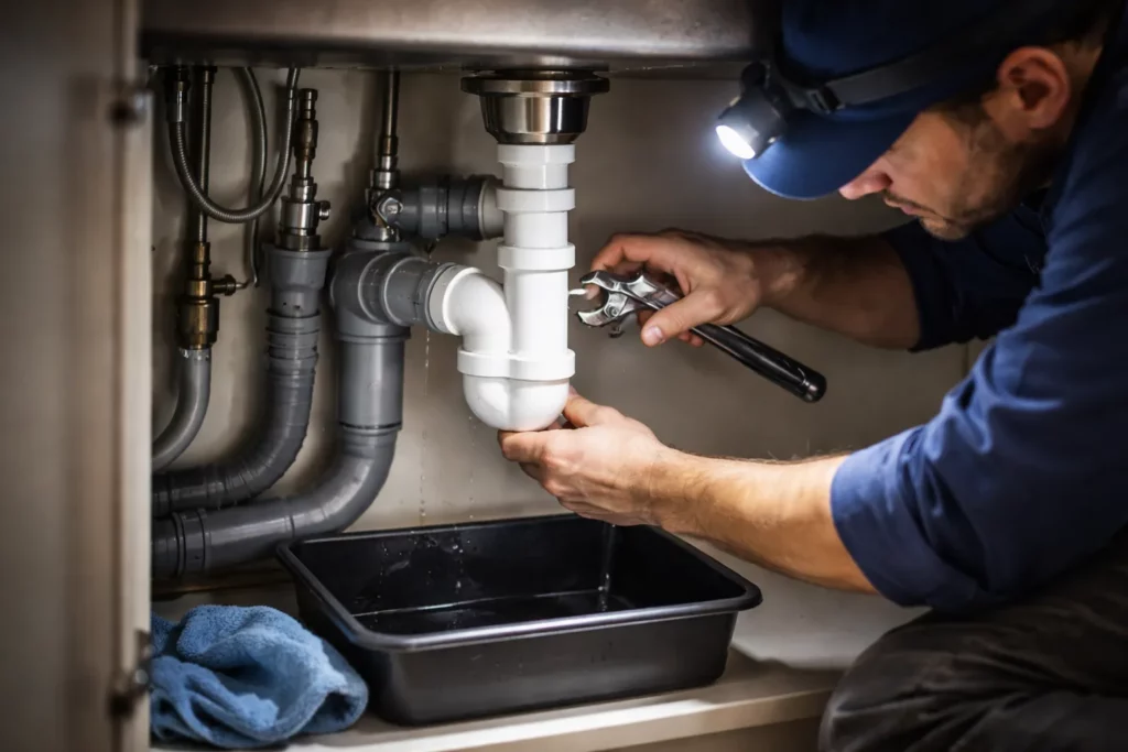 Le Plombier Frouzins réalise une recherche de fuite sous un évier en contrôlant le siphon et les raccords avec une lampe d’inspection.