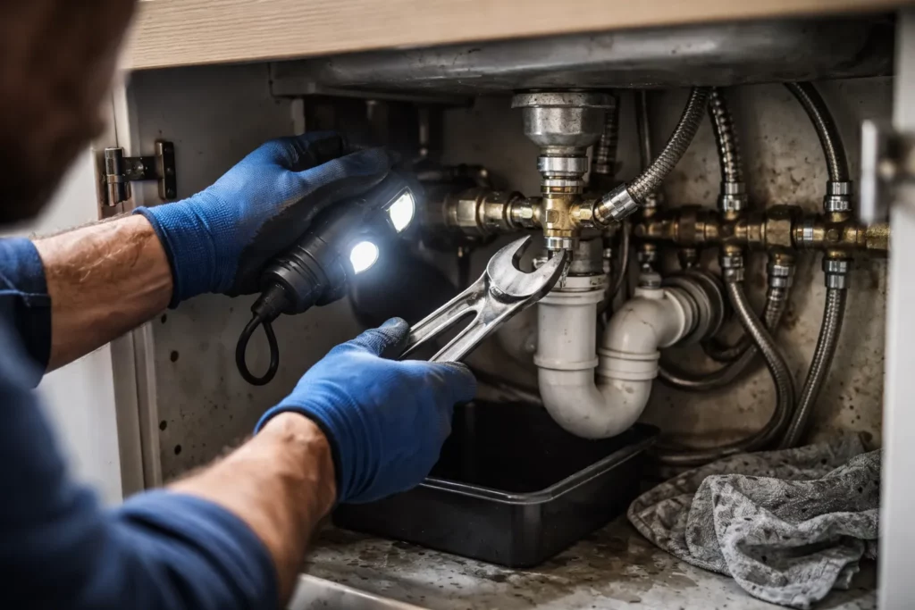 Le Plombier Muret réalise une recherche de fuite sous un évier de cuisine et resserre un raccord après avoir localisé l’origine de l’écoulement.