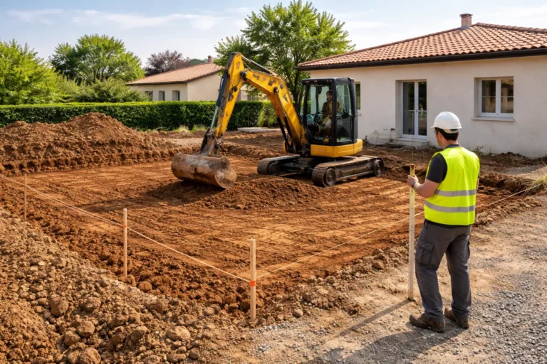 Terrassement Auzeville-Tolosane avec une pelle mécanique nivelant une plateforme de terre devant une maison individuelle, en périphérie toulousaine.