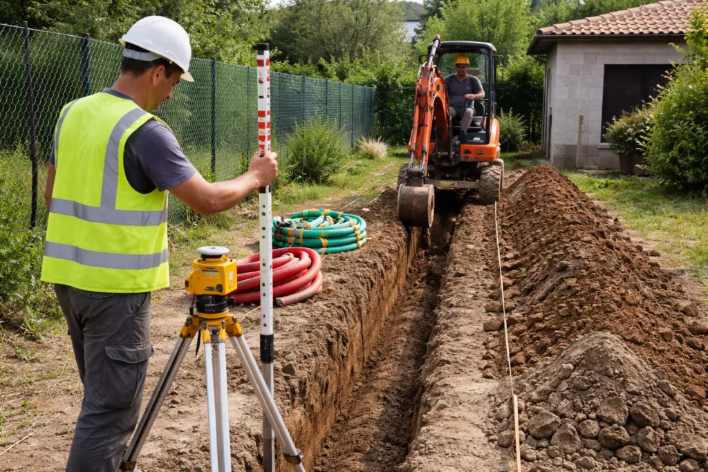 Terrassement Auzeville-Tolosane montrant une tranchée pour réseaux avec un laser de chantier et une mini-pelle, avant remblaiement.