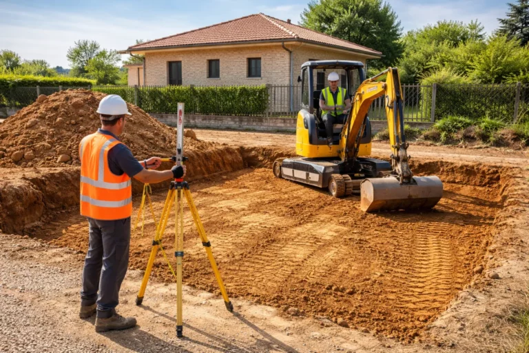 Terrassement Auzielle sur un terrain de maison individuelle avec pelle mécanique en train de niveler une plateforme prête à construire.