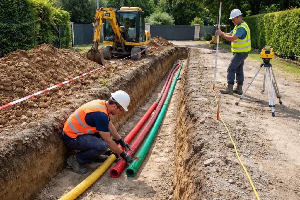 Terrassement Auzielle avec ouverture d’une tranchée VRD le long d’un terrain, gaines posées et contrôle au laser avant remblaiement.