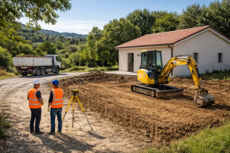 Terrassement Clermont-le-Fort avec une pelle mécanique en train de niveler une plateforme devant une maison individuelle, sol fraîchement décapé et tas de terre en bordure.