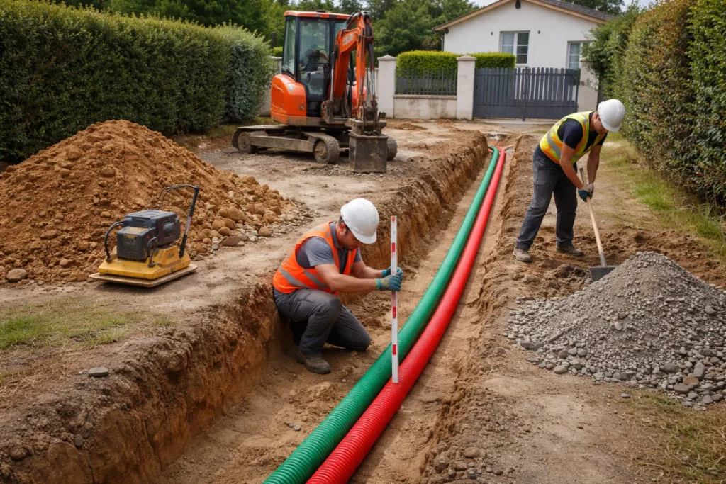 Terrassement Clermont-le-Fort montrant l’ouverture d’une tranchée réseaux avec mini-pelle, gaines posées au fond et remblaiement en cours près d’une maison.