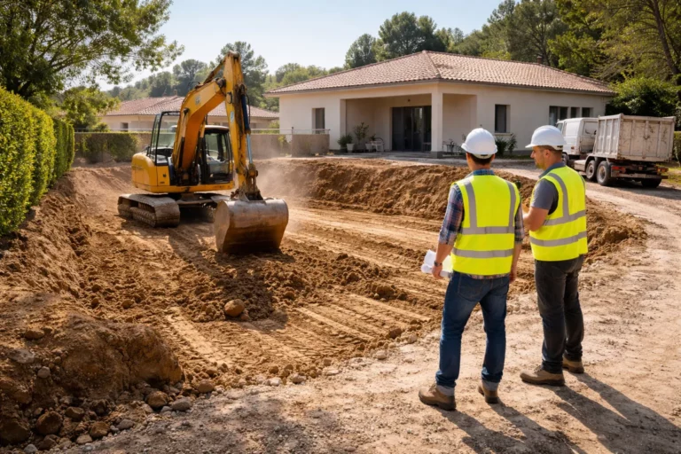 Terrassement Péchabou sur un terrain résidentiel avec une pelle mécanique réalisant le nivellement et un camion benne prêt à évacuer les déblais.
