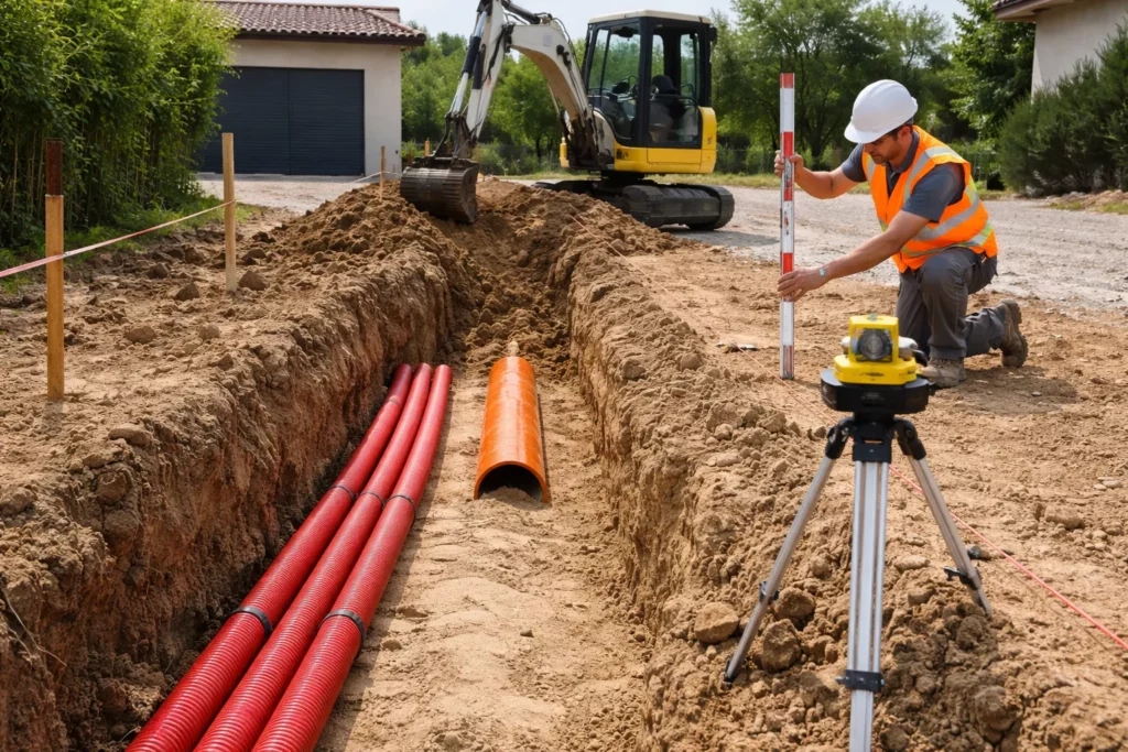Terrassement Péchabou montrant une tranchée pour réseaux avec gaines visibles, un terrassier au laser de nivellement et une mini-pelle en cours de remblaiement.