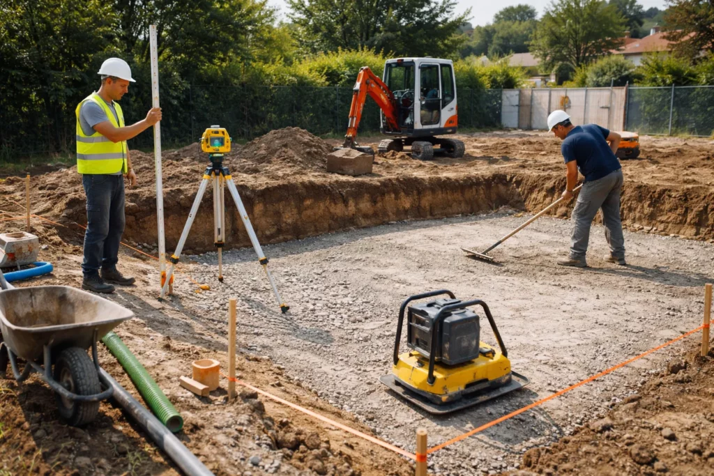Terrassement Quint-Fonsegrives montrant un décaissement précis avec contrôle au niveau laser, une mini-pelle et une plaque vibrante sur une future allée.