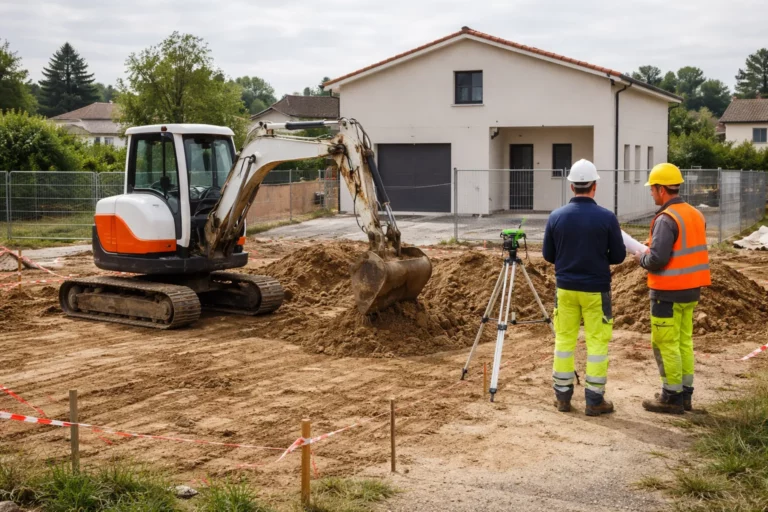 Terrassement Quint-Fonsegrives sur un terrain résidentiel avec une pelle mécanique en train de mettre à niveau la plateforme devant une maison en construction.