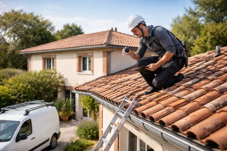 Toiture Auzielle : un couvreur inspecte une toiture en tuiles rouges sur une maison près de Toulouse par temps clair.