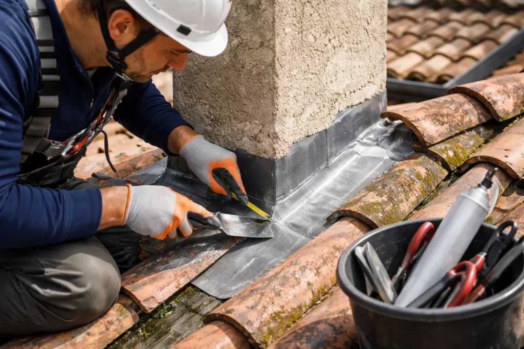 Toiture Auzielle : un artisan réalise une reprise d’étanchéité au niveau du solin autour d’une cheminée sur une toiture en tuiles.