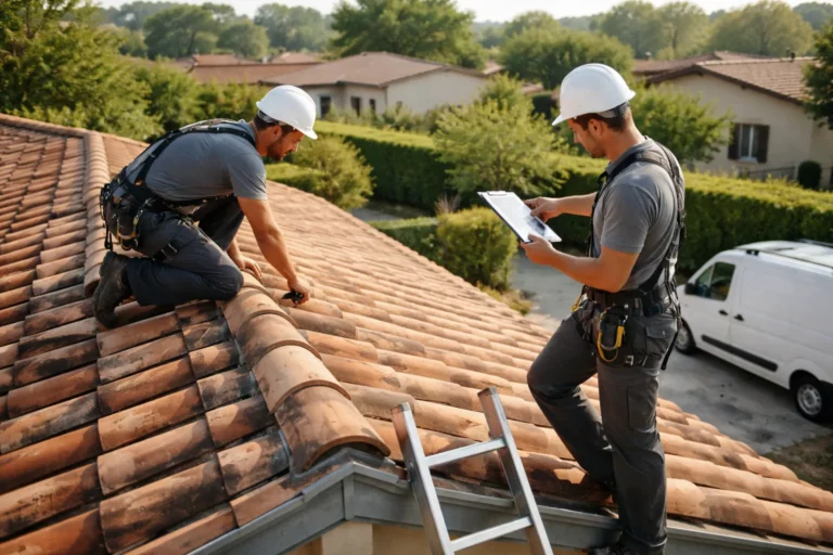 Toiture Castanet-Tolosan : deux couvreurs inspectent une toiture en tuiles canal sur une maison individuelle à Castanet-Tolosan.