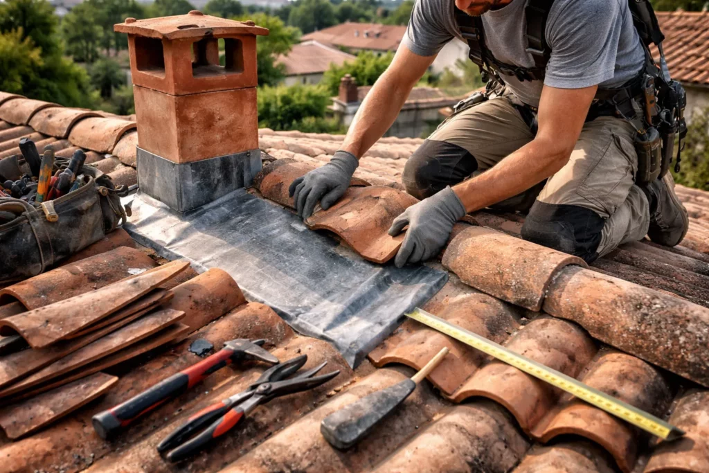 Toiture Castanet-Tolosan : un couvreur remplace des tuiles et refait un solin d’étanchéité autour d’une sortie de toit.
