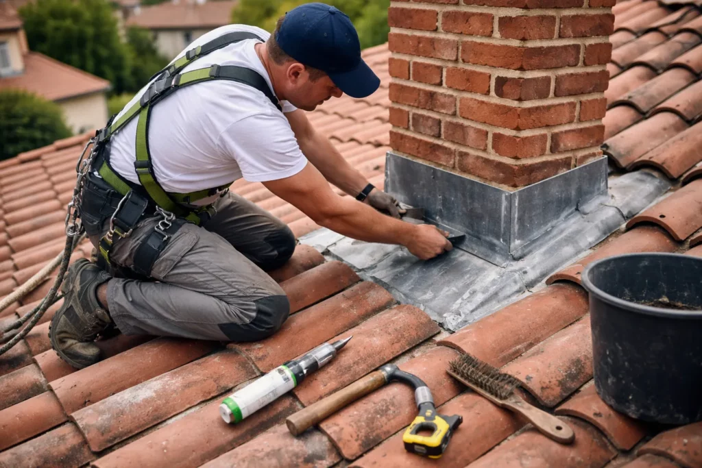 Toiture Donneville : un artisan réalise une recherche de fuite et refait l’étanchéité d’un solin au pied d’une cheminée sur une toiture en tuiles.
