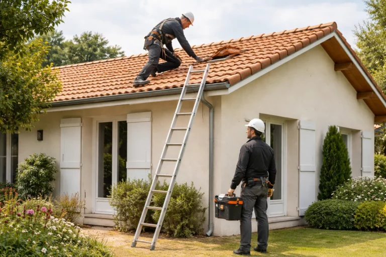 Toiture Donneville : un couvreur inspecte une toiture en tuiles rouges sur une maison individuelle avec harnais et échelle, par temps clair.