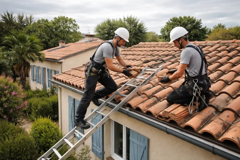 Toiture L'Union, deux couvreurs sécurisés sur une maison toulousaine remplacent des tuiles en terre cuite sur un toit en pente par temps clair.