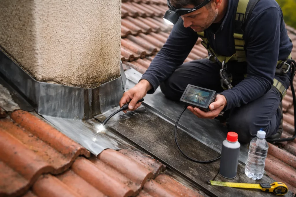 Toiture L'Union, un couvreur inspecte un solin et une noue avec une lampe et une caméra endoscopique pour localiser une fuite sur une toiture en tuiles.