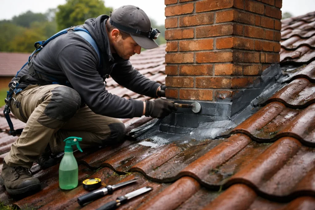 Toiture Muret montrant un couvreur inspectant l’étanchéité et les solins autour d’une cheminée pour localiser une fuite.