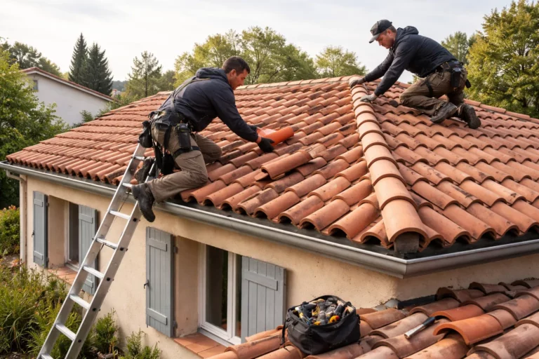 Toiture Muret avec deux couvreurs réparant des tuiles et contrôlant le faîtage sur une maison individuelle à Muret, par temps clair.