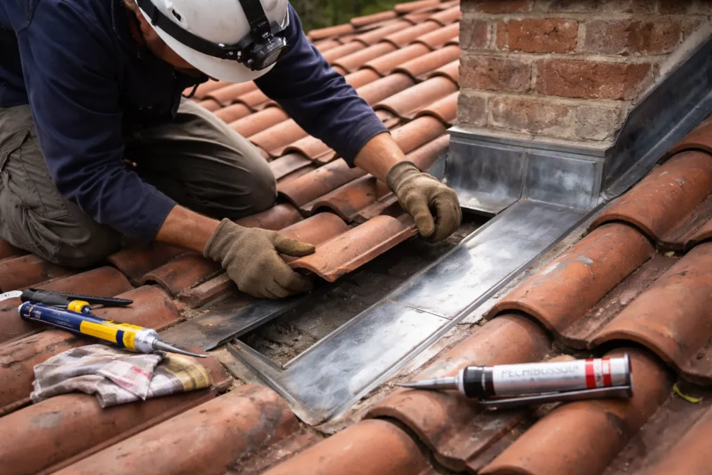 Toiture Pechbusque avec un couvreur réalisant une recherche de fuite près d’un solin et d’une noue sur un toit en tuiles.