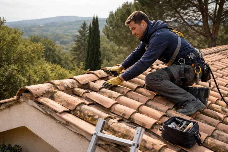 Toiture Pechbusque avec un couvreur inspectant des tuiles en terre cuite sur une maison toulousaine par temps clair.