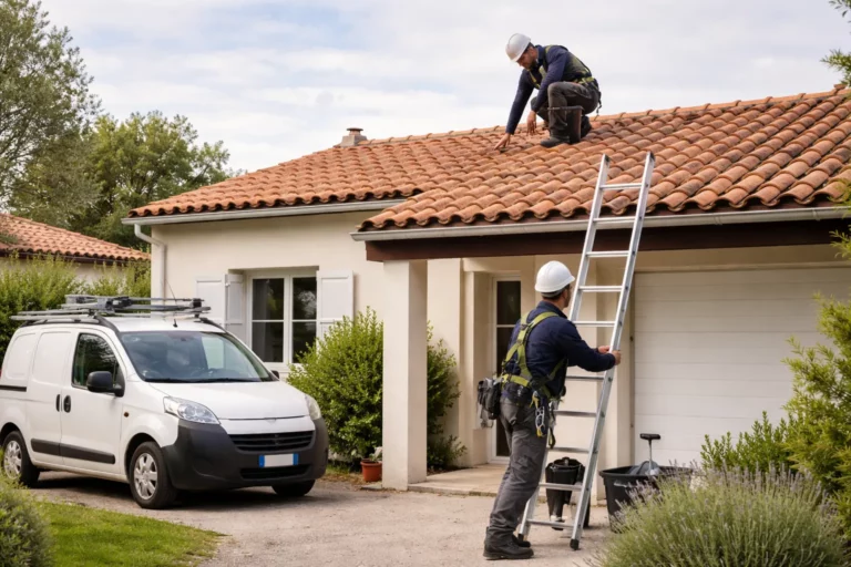 Intervention de toiture à Plaisance-du-Touch avec un couvreur inspectant des tuiles sur une maison individuelle sous lumière naturelle.