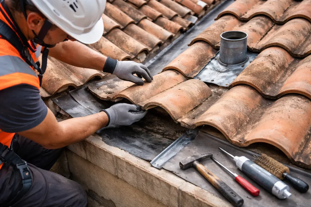 Recherche de fuite sur toiture à Plaisance-du-Touch avec un couvreur levant une tuile et contrôlant l’écran sous-toiture près d’une noue.