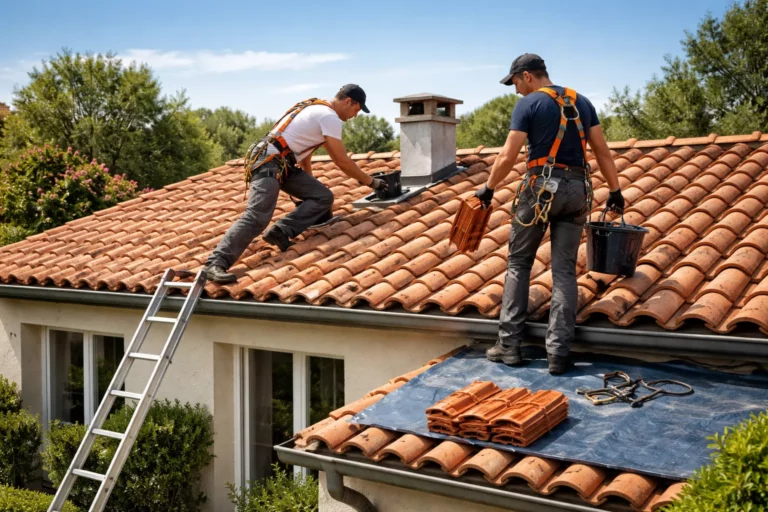 Deux couvreurs inspectent une toiture en tuiles à Portet-sur-Garonne avec harnais et outils de contrôle d’étanchéité.