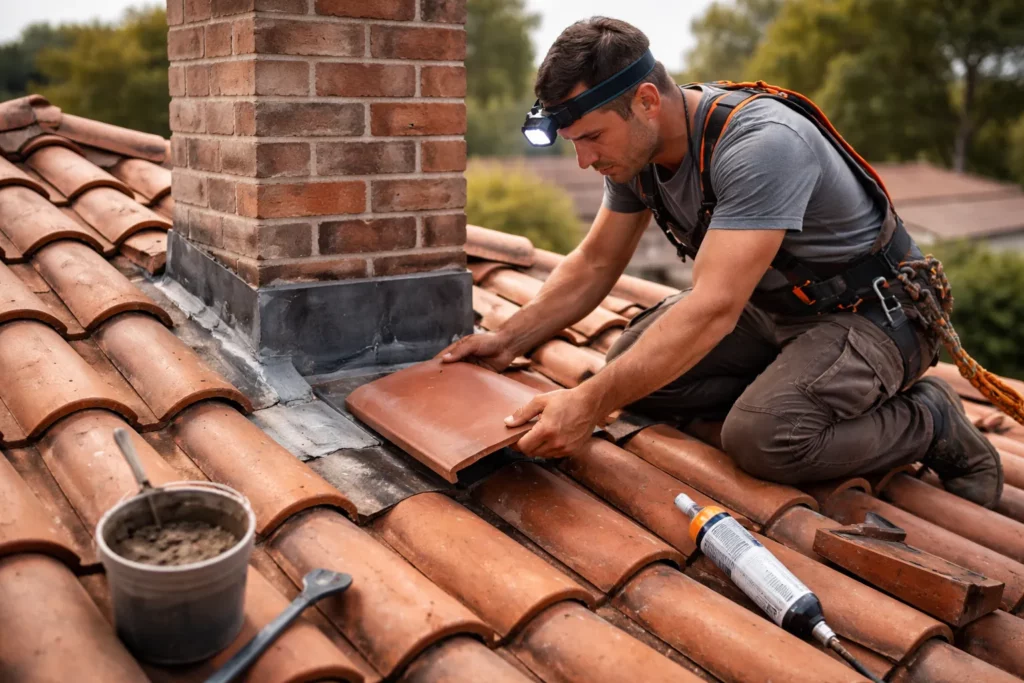 Un couvreur réalise une recherche de fuite sur une toiture à Portet-sur-Garonne en contrôlant un solin et en remplaçant une tuile.