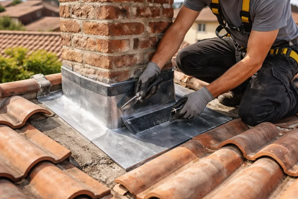 Toiture Quint-Fonsegrives : un couvreur réalise une reprise d’étanchéité autour d’une cheminée avec solin et outils de zinguerie.