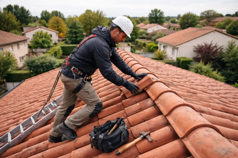 Toiture Tournefeuille avec un couvreur sur un toit en tuiles à Tournefeuille inspectant la couverture d’une maison individuelle.