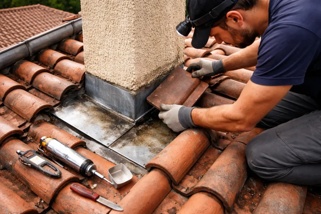 Toiture Tournefeuille avec un couvreur réalisant une recherche de fuite et contrôlant un solin en zinc au pied d’une cheminée.