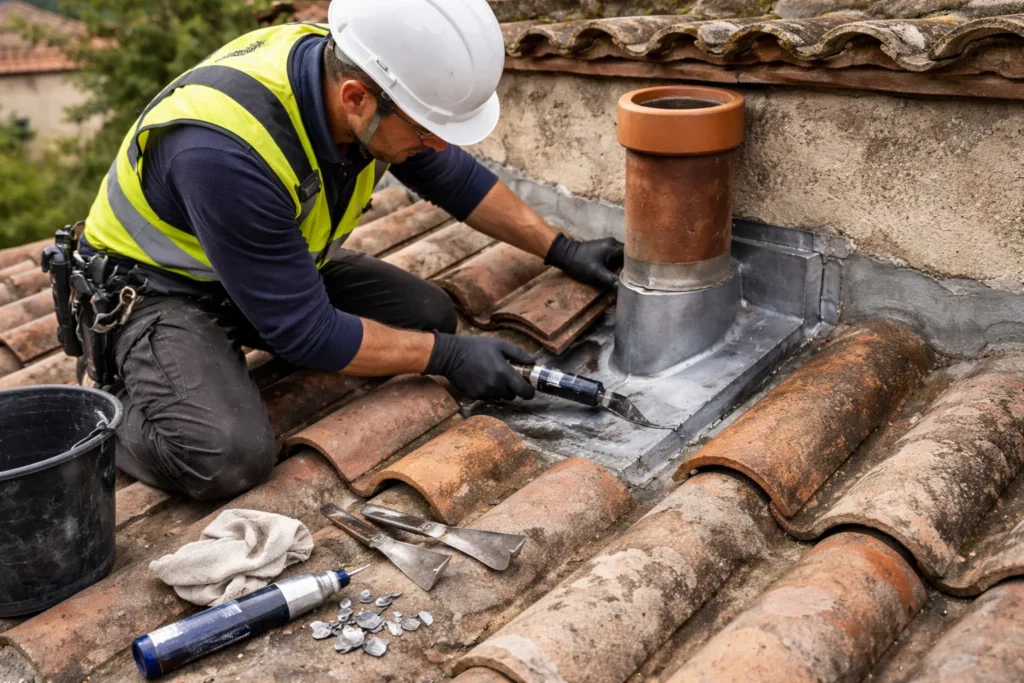 Toiture Vieille-Toulouse avec un couvreur réalisant une recherche de fuite et reprenant l’étanchéité autour d’une sortie de toit.