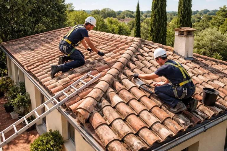 Toiture Vieille-Toulouse avec deux couvreurs sur un toit en tuiles canal inspectant le faîtage et les rives d’une maison du secteur.