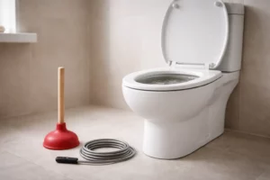 Toilettes modernes à Toulouse avec niveau d’eau anormalement haut et outils de débouchage posés au sol, illustrant une canalisation bouchée