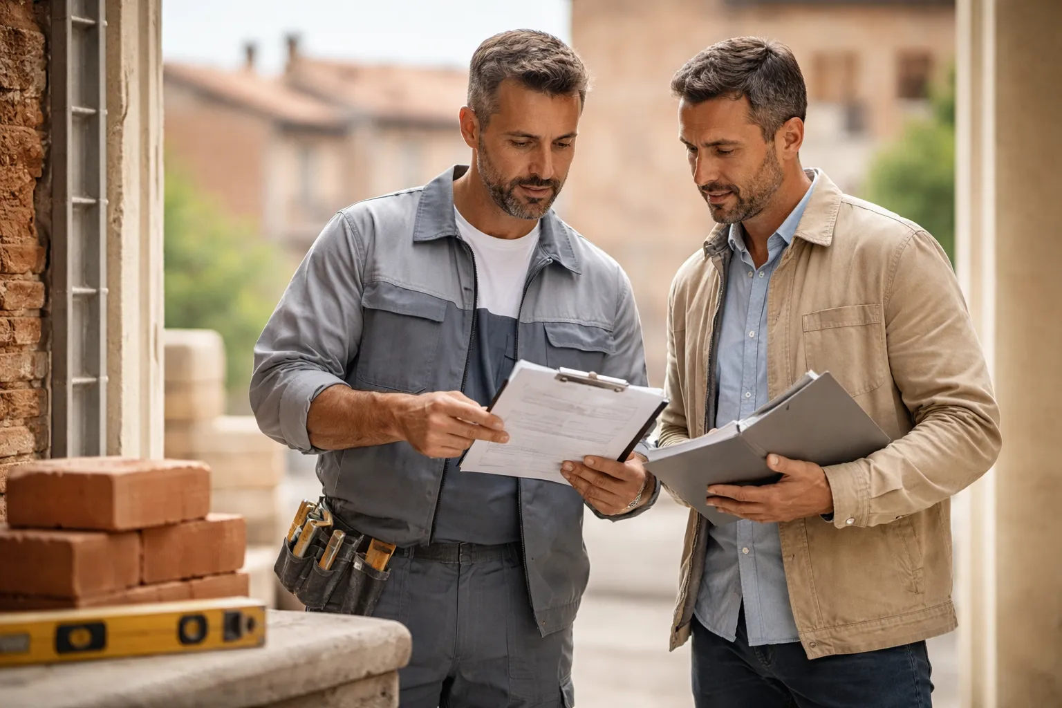 Un maçon qualifié et un propriétaire à Toulouse examinent un devis et une checklist sur un chantier, avec briques et niveau au premier plan