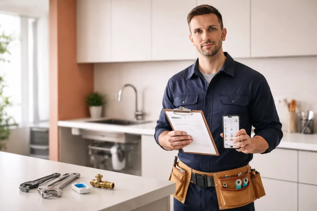 Plombier qualifié à Toulouse inspectant une installation sous évier avec outils rangés, tenant un clipboard et un smartphone pour vérifier avis et documents.